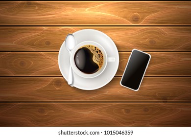 Vector realistic coffee cup plate foam bubbles spoon top smartphone mockup. Hot delicious beverage drink in white ceramic, porcelain cup wooden texture background. Business morning rural illustration