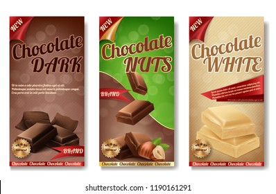 Vector realistic collection of chocolate packaging. Labels of tasty product with nuts, white milk sweetness. Design of boxes, brand illustration for ad posters, promo banners. Decorative elements.