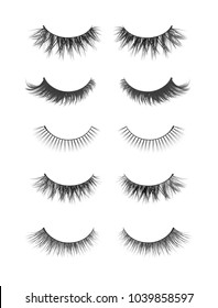 Vector realistic collection of false lashes. Trendy fashion illustration for mascara pack or beauty products design. Feminine eyelashes set on white background