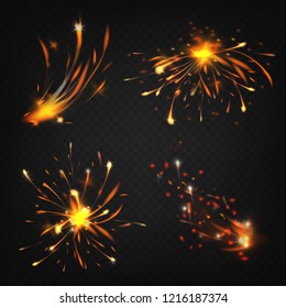 Vector realistic collection of fireworks, sparks from welding or cutting metal. Bright shining comet, burning decoration for holiday. Explosion of flammable element. Set isolated on dark background.