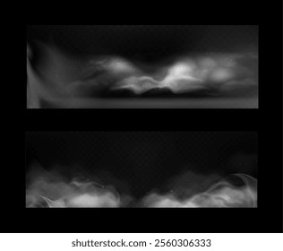 Vector realistic collection illustrations of gray abstract smoke background with glowing particles. Smoke effect. Futuristic design. 