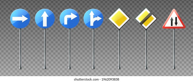 Vector realistic collection of warning and information road signs showing directions.