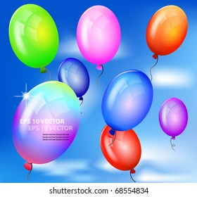 Vector realistic colorful balloons flying up against blue sky.