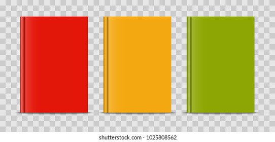 Vector realistic colorful book mock up isolated on transparent background. 3d vertical front view notebook mockup for your design. Hardcover closed standing diary template traffic light colors