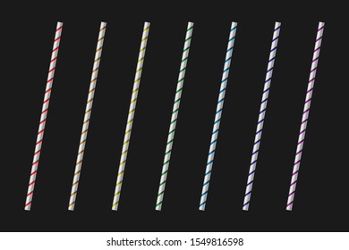 Vector realistic colorful drinking straws for drinks, or alcohol on black background. Set of white, red, orange, yellow, blue, green, purple drinking straws isolated. 3D template for low key images