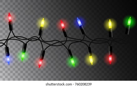 Vector realistic colorful glowing seamless christmas garland isolated on transparent background