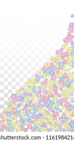 Vector Realistic Colorful Petals Falling on Transparent Background.  Spring Romantic Flowers Illustration. Flying Petals. Sakura Spa Design.  Blossom Confetti. Design Elements for  Mother's Day.