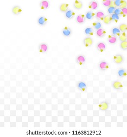 Vector Realistic Colorful Petals Falling on Transparent Background.  Spring Romantic Flowers Illustration. Flying Petals. Sakura Spa Design.  Blossom Confetti. Design Elements for  Mother's Day.