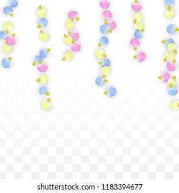 Vector Realistic Colorful Petals Falling on Transparent Background.  Spring Romantic Flowers Illustration. Flying Petals. Sakura Spa Design.  Blossom Confetti. Design Elements for  Wedding Decoration.