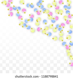 Vector Realistic Colorful Petals Falling on Transparent Background.  Spring Romantic Flowers Illustration. Flying Petals. Sakura Spa Design.  Blossom Confetti. Design Elements for  Mother's Day.