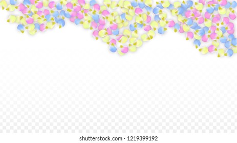 Vector Realistic Colorful Petals Falling on Transparent Background.  Spring Romantic Flowers Illustration. Flying Petals. Sakura Spa Design.  Blossom Confetti. Design Elements for  Wedding Decoration.