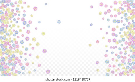 Vector Realistic Colorful Petals Falling on Transparent Background.  Spring Romantic Flowers Illustration. Flying Petals. Sakura Spa Design.  Blossom Confetti. Design Elements for  Wedding Decoration.
