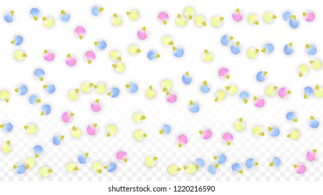 Vector Realistic Colorful Petals Falling on Transparent Background.  Spring Romantic Flowers Illustration. Flying Petals. Sakura Spa Design.  Blossom Confetti. Design Elements for  Poster Design. 