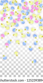 Vector Realistic Colorful Petals Falling on Transparent Background.  Spring Romantic Flowers Illustration. Flying Petals. Sakura Spa Design.  Blossom Confetti. Design Elements for  Poster Design. 