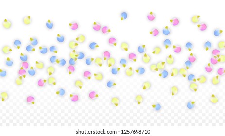 Vector Realistic Colorful Petals Falling on Transparent Background.  Spring Romantic Flowers Illustration. Flying Petals. Sakura Spa Design.  Blossom Confetti. Design Elements for  Mother's Day.