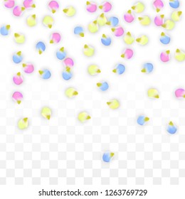Vector Realistic Colorful Petals Falling on Transparent Background.  Spring Romantic Flowers Illustration. Flying Petals. Sakura Spa Design.  Blossom Confetti. Design Elements for  St. Valentine Day.