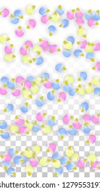 Vector Realistic Colorful Petals Falling on Transparent Background.  Spring Romantic Flowers Illustration. Flying Petals. Sakura Spa Design.  Blossom Confetti. Design Elements for  Wedding Decoration.