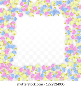 Vector Realistic Colorful Petals Falling on Transparent Background.  Spring Romantic Flowers Illustration. Flying Petals. Sakura Spa Design.  Blossom Confetti. Design Elements for  Wedding Decoration.