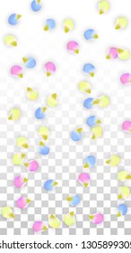 Vector Realistic Colorful Petals Falling on Transparent Background.  Spring Romantic Flowers Illustration. Flying Petals. Sakura Spa Design.  Blossom Confetti. Design Elements for  St. Valentine Day.
