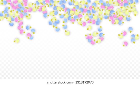 Vector Realistic Colorful Petals Falling on Transparent Background.  Spring Romantic Flowers Illustration. Flying Petals. Sakura Spa Design.  Blossom Confetti. Design Elements for  Poster Design. 