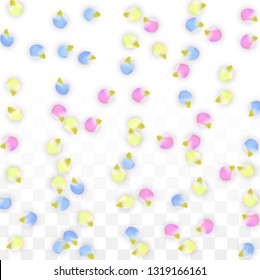 Vector Realistic Colorful Petals Falling on Transparent Background.  Spring Romantic Flowers Illustration. Flying Petals. Sakura Spa Design.  Blossom Confetti. Design Elements for  Poster Design. 