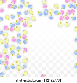 Vector Realistic Colorful Petals Falling on Transparent Background.  Spring Romantic Flowers Illustration. Flying Petals. Sakura Spa Design.  Blossom Confetti. Design Elements for  Poster Design. 