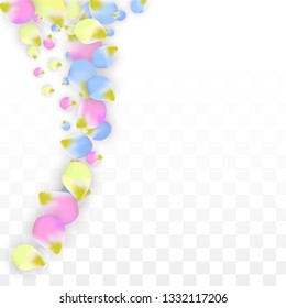 Vector Realistic Colorful Petals Falling on Transparent Background.  Spring Romantic Flowers Illustration. Flying Petals. Sakura Spa Design.  Blossom Confetti. Design Elements for  Wedding Decoration.