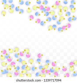 Vector Realistic Colorful Petals Falling on Transparent Background.  Spring Romantic Flowers Illustration. Flying Petals. Sakura Spa Design.  Blossom Confetti. Design Elements for  Mother's Day.