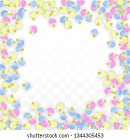 Vector Realistic Colorful Petals Falling on Transparent Background.  Spring Romantic Flowers Illustration. Flying Petals. Sakura Spa Design.  Blossom Confetti. Design Elements for  Mother's Day.