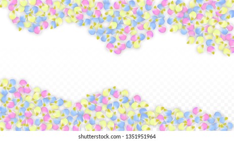 Vector Realistic Colorful Petals Falling on Transparent Background.  Spring Romantic Flowers Illustration. Flying Petals. Sakura Spa Design.  Blossom Confetti. Design Elements for  Wedding Decoration.