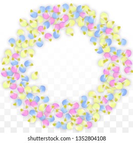Vector Realistic Colorful Petals Falling on Transparent Background.  Spring Romantic Flowers Illustration. Flying Petals. Sakura Spa Design.  Blossom Confetti. Design Elements for  Poster Design. 