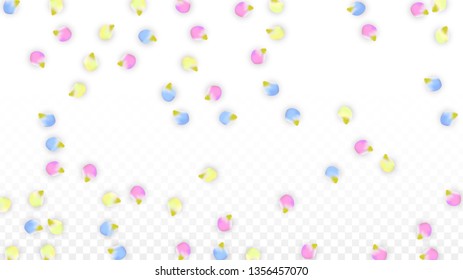 Vector Realistic Colorful Petals Falling on Transparent Background.  Spring Romantic Flowers Illustration. Flying Petals. Sakura Spa Design.  Blossom Confetti. Design Elements for  Wedding Decoration.