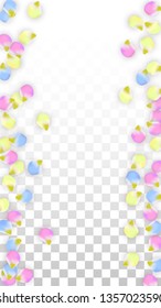 Vector Realistic Colorful Petals Falling on Transparent Background.  Spring Romantic Flowers Illustration. Flying Petals. Sakura Spa Design.  Blossom Confetti. Design Elements for  Poster Design. 