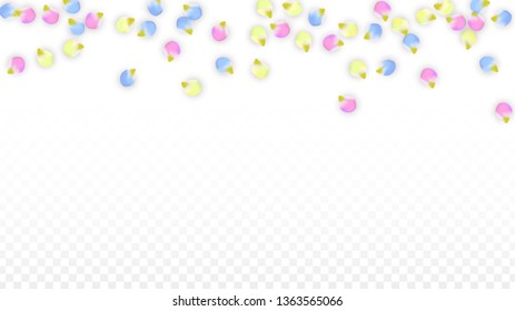 Vector Realistic Colorful Petals Falling on Transparent Background.  Spring Romantic Flowers Illustration. Flying Petals. Sakura Spa Design.  Blossom Confetti. Design Elements for  8 March Card.