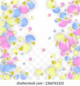 Vector Realistic Colorful Petals Falling on Transparent Background.  Spring Romantic Flowers Illustration. Flying Petals. Sakura Spa Design.  Blossom Confetti. Design Elements for  St. Valentine Day.