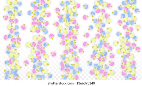 Vector Realistic Colorful Petals Falling on Transparent Background.  Spring Romantic Flowers Illustration. Flying Petals. Sakura Spa Design.  Blossom Confetti. Design Elements for  Wedding Decoration.