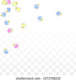 Vector Realistic Colorful Petals Falling on Transparent Background.  Spring Romantic Flowers Illustration. Flying Petals. Sakura Spa Design.  Blossom Confetti. Design Elements for  Wedding Decoration.