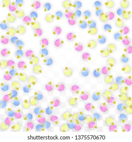 Vector Realistic Colorful Petals Falling on Transparent Background.  Spring Romantic Flowers Illustration. Flying Petals. Sakura Spa Design.  Blossom Confetti. Design Elements for  Mother's Day.