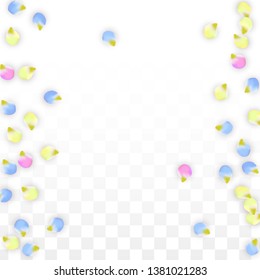 Vector Realistic Colorful Petals Falling on Transparent Background.  Spring Romantic Flowers Illustration. Flying Petals. Sakura Spa Design.  Blossom Confetti. Design Elements for  Wedding Decoration.
