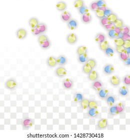Vector Realistic Colorful Petals Falling on Transparent Background.  Spring Romantic Flowers Illustration. Flying Petals. Sakura Spa Design.  Blossom Confetti. Design Elements for  Wedding Decoration.
