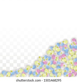 Vector Realistic Colorful Petals Falling on Transparent Background.  Spring Romantic Flowers Illustration. Flying Petals. Sakura Spa Design.  Blossom Confetti. Design Elements for  8 March Card.