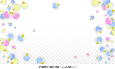 Vector Realistic Colorful Petals Falling on Transparent Background.  Spring Romantic Flowers Illustration. Flying Petals. Sakura Spa Design.  Blossom Confetti. Design Elements for  Wedding Decoration.