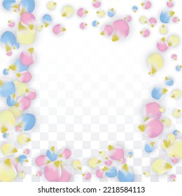 Vector Realistic Colorful Petals Falling on Transparent Background.  Spring Romantic Flowers Illustration. Flying Petals. Sakura Spa Design.  Blossom Confetti. Design Elements for  Wedding Decoration.