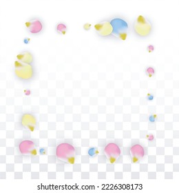 Vector Realistic Colorful Petals Falling on Transparent Background.  Spring Romantic Flowers Illustration. Flying Petals. Sakura Spa Design.  Blossom Confetti. Design Elements for  St. Valentine Day.