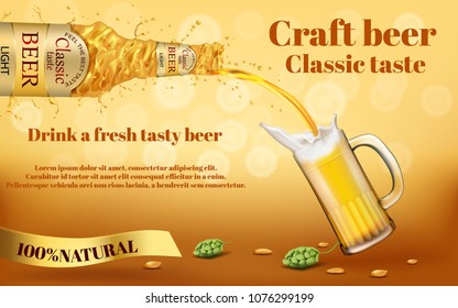 Vector realistic colorful promotion banner with abstract swirling bottle of craft golden beer, frothy alcoholic drink pouring into glass mug, with hops on background. Mockup for brand advertising