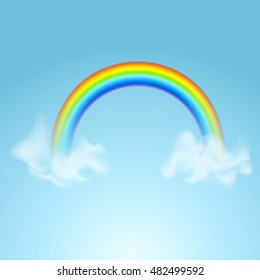 Vector realistic colorful rainbow with sky and clouds