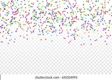 Vector realistic colorful star confetti on the transparent background. Concept of happy birthday, party and holidays.