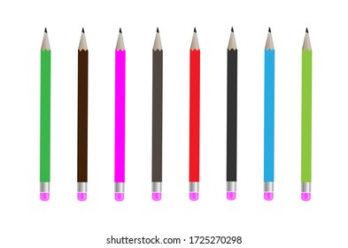 Vector realistic colorful wooden pencils with rubber eraser. school instrument, creativity, idea, education and design symbol. Isolated illustration, white background
