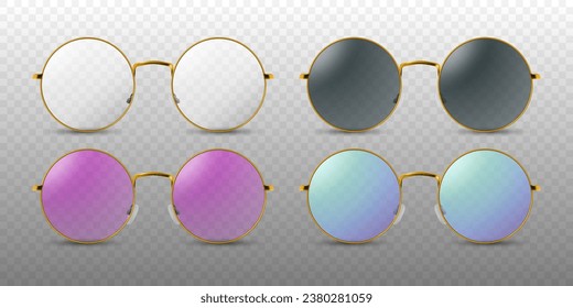 Vector Realistic Colorless, Black, Pink and Purple Round Frame Glasses Frame Set Closeup Isolated. Transparent Sunglasses for Women and Men. Optics, Lens, Vintage, Trendy Glasses. Front View