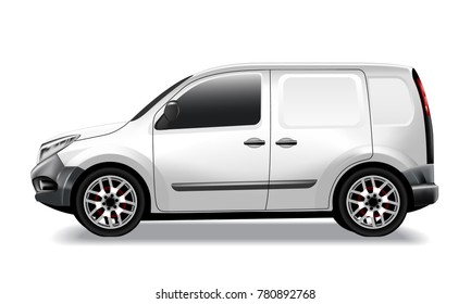 Vector realistic commercial car, delivery, cargo van mockup. White template for advertising, marketing, branding and corporate identity design. Isolated illustration, white background